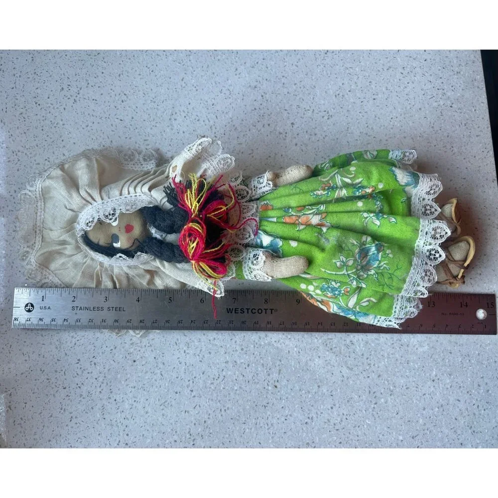 Handmade St. Thomas Folk Cloth Doll VTG In Traditional Green Dress With Veil